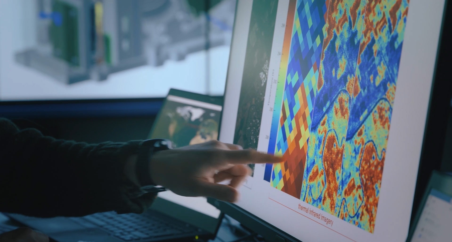Finger zeigt auf thermografische Daten auf einem Monitor.