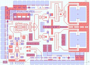 240 GHz Transceiver: Layout-Darstellung eines integrierten Schaltkreises für Terahertzsensorik mit markierten Komponenten, Beschriftungen wie „FRAUNHOFER FHR“ und sichtbaren Signalwegen sowie Kontaktpads am Rand. 240 GHz transceiver: Layout view of an integrated circuit for terahertz sensing with marked components, labels such as “FRAUNHOFER FHR,” and visible signal paths as well as contact pads along the edges.